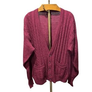 Men's Vinatge Cable Knit Cardigan Sweater - Rich Burgundy Large Wool